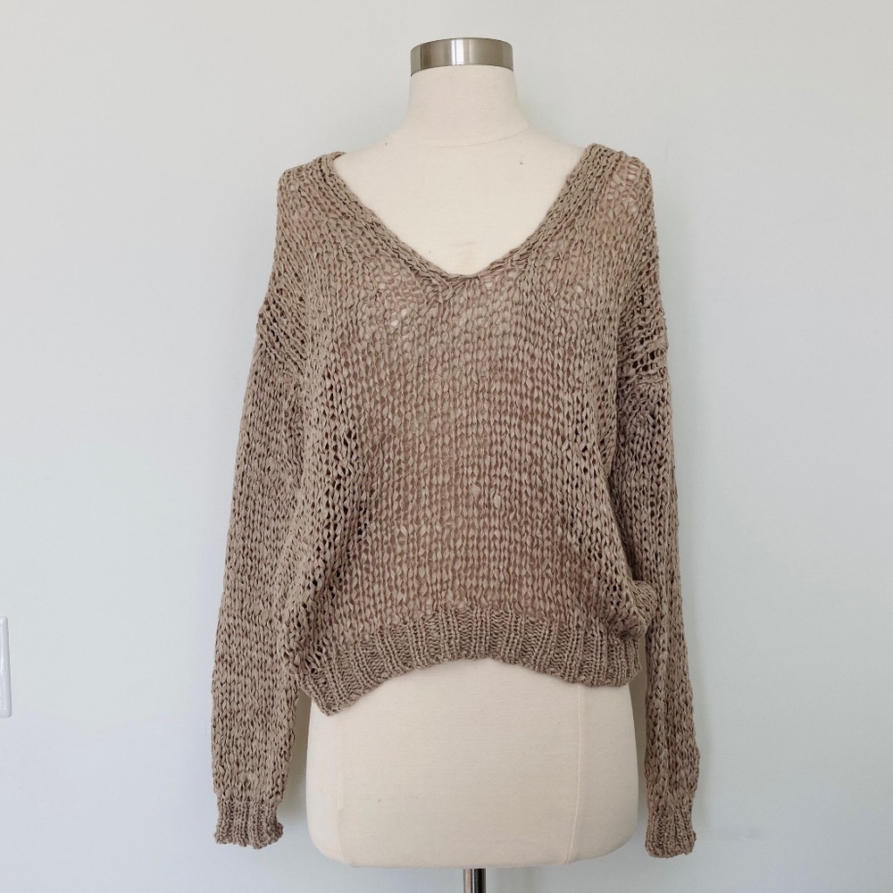 Mango Open Knit Mesh Top Wide V Neck Oversized Pullover Sweater Beige Taupe